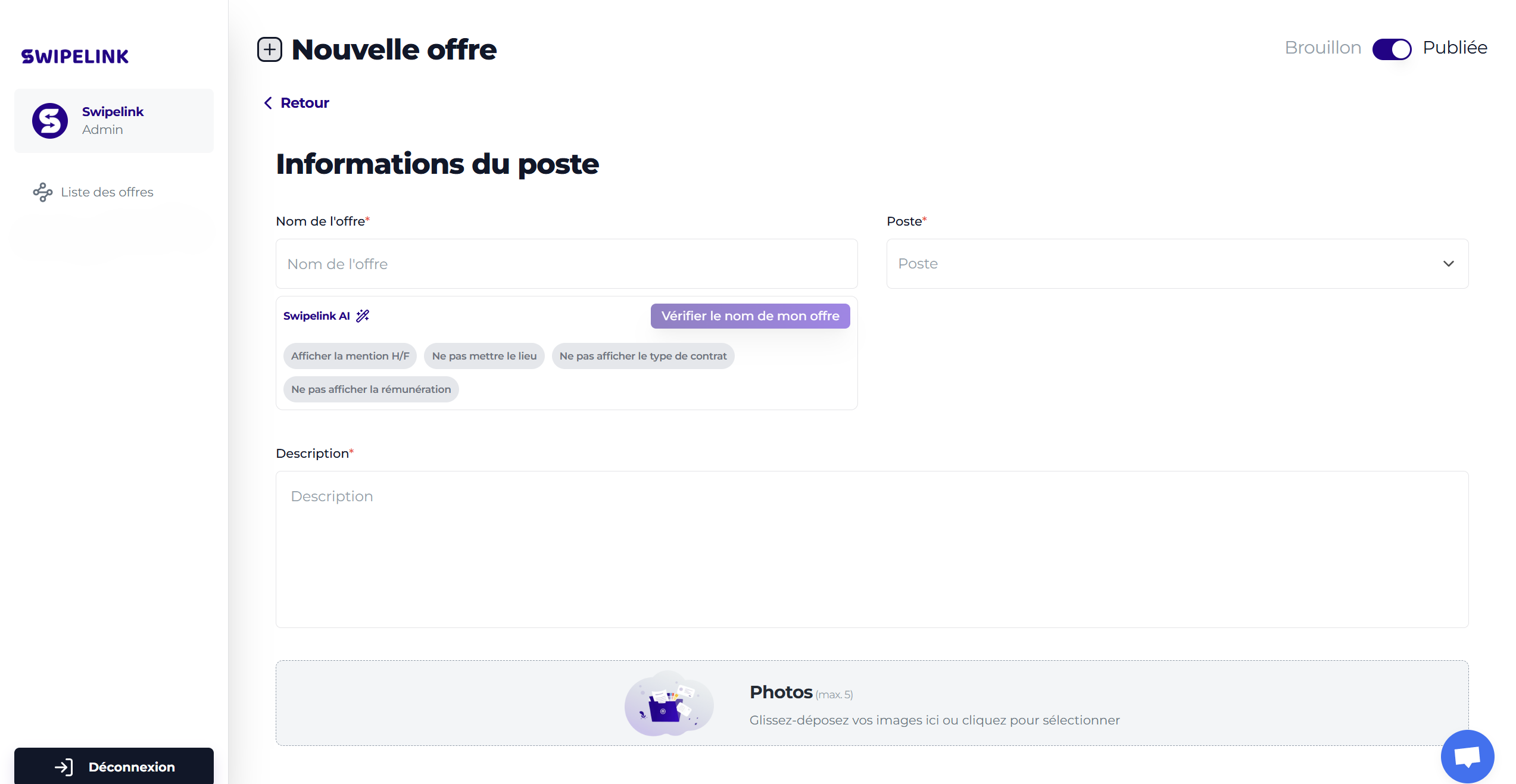 Interface du logiciel Swipelink, tableau de bord recruteur