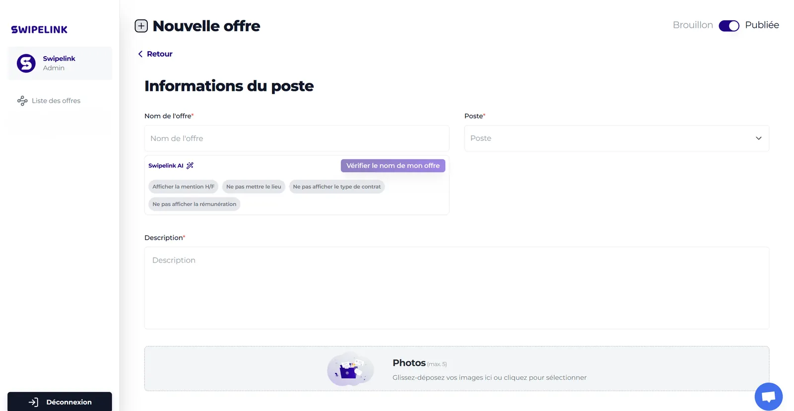 Interface du logiciel Swipelink, tableau de bord recruteur